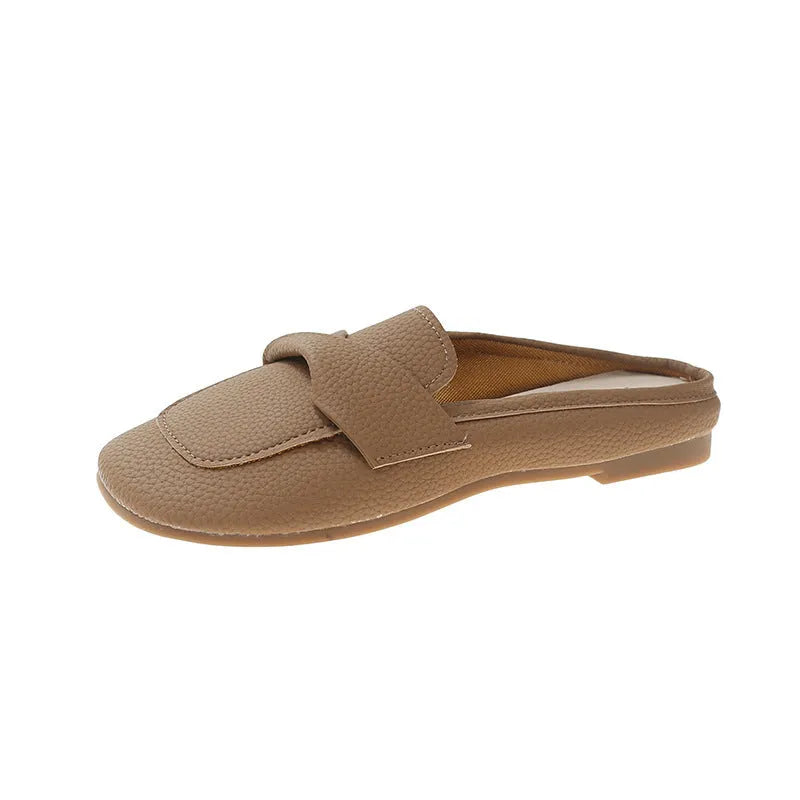 Women's closed toe half slipper loafers in beige, black, or brown with PU upper and rubber sole, sizes 35-40