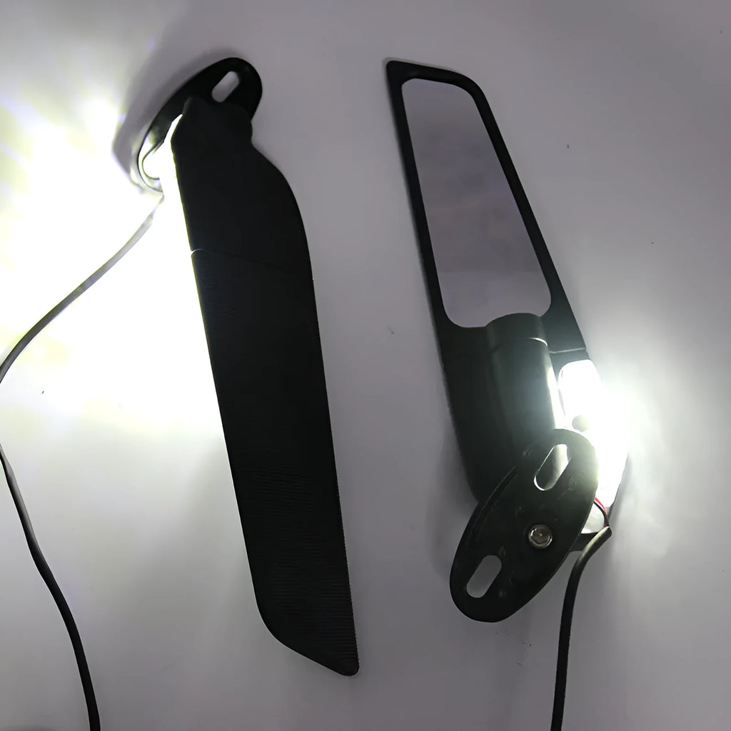 Pair of aluminium motorcycle mirror spoilers with yellow LED lights and convex glass lenses.