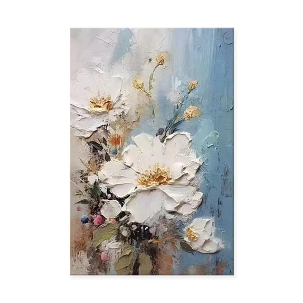 Handmade oil painting canvas wall art with thick 3D texture white modern abstract flowers