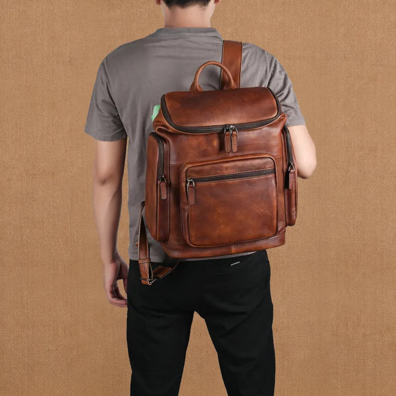 Genuine leather 14 inch men's backpack in light brown with retro patchwork and polyester cotton lining