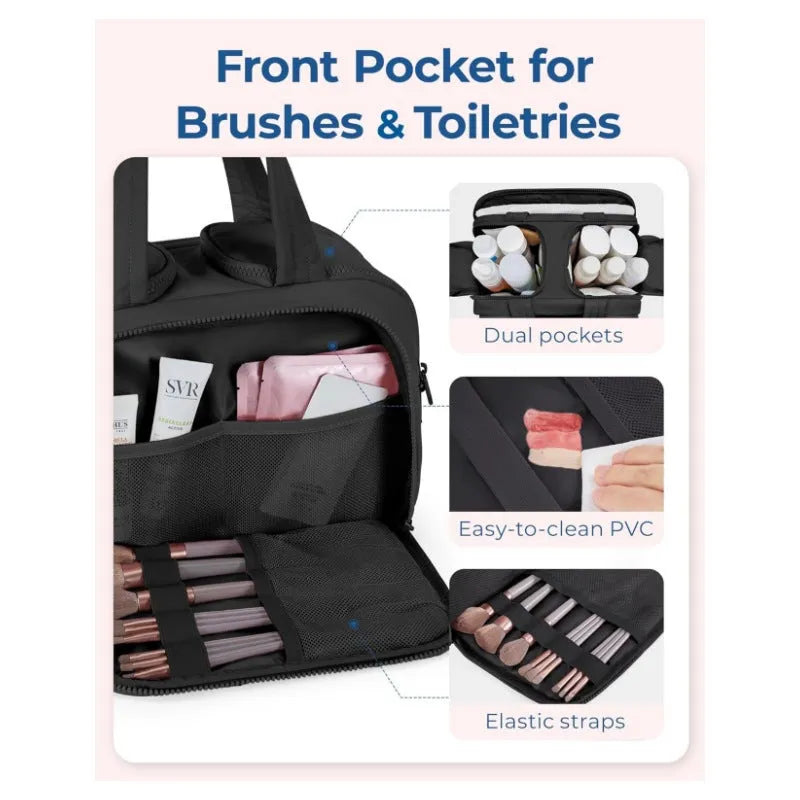 A large, fluffy soft travel toiletry bag in a choice of colours, shown open to reveal its spacious interior.