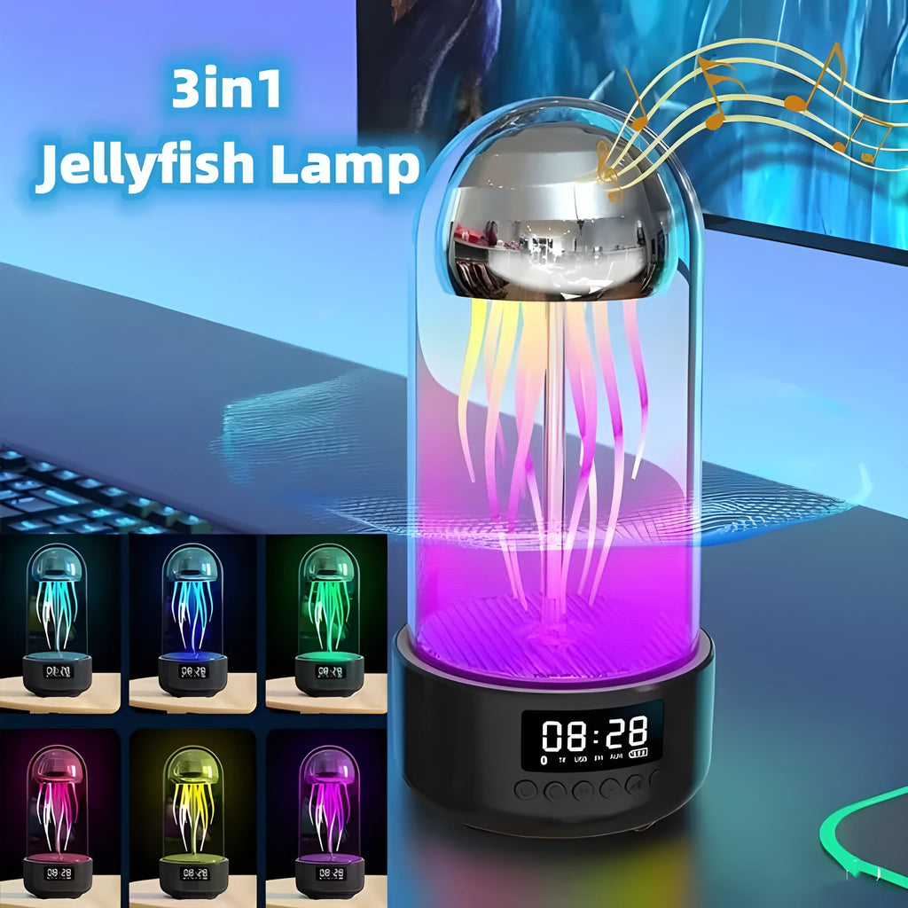 Grey pink purple Bluetooth speaker with jellyfish mood lighting effects and LED clock display screen