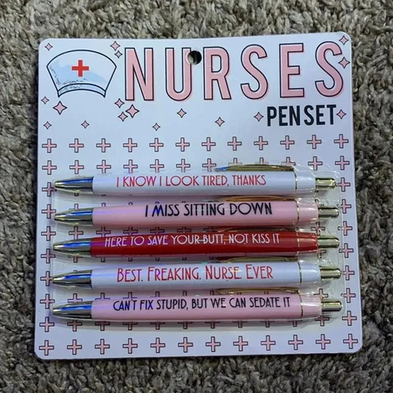Five nurse-themed ballpoint pens with retractable mechanisms and printed medical copywriting