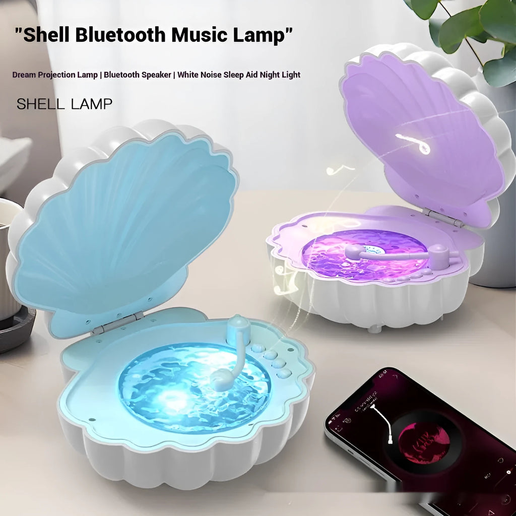 Retro vinyl record player shaped shell lamp with integrated speaker, shown in blue colour on a wooden table.
