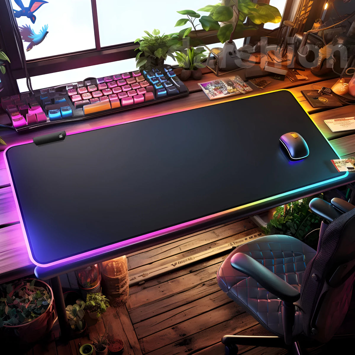 RGB gaming mouse pad in solid colour with non-slip rubber fabric base, sizes 250x300mm to 400x900mm, 3mm or 4mm thick
