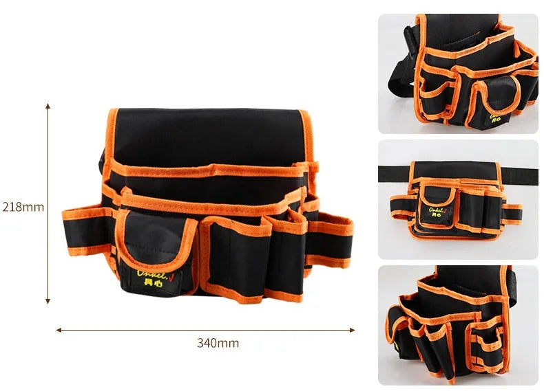 Orange canvas tool belt bag with 564mm size and 10kg capacity, construction site use