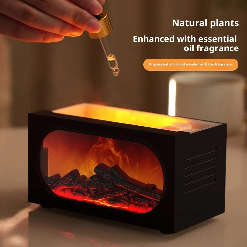 Black desktop fireplace aroma diffuser with colourful simulation flame, showing water tank and controls