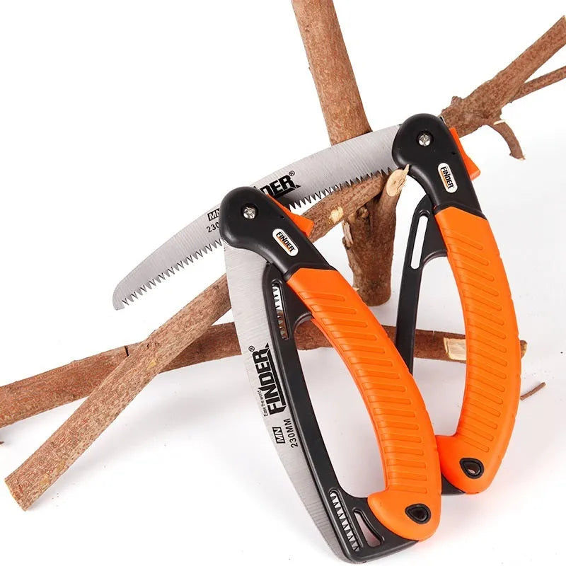 Garden folding trunk saw with 9-inch blade shown open and folded, featuring a TPR handle.