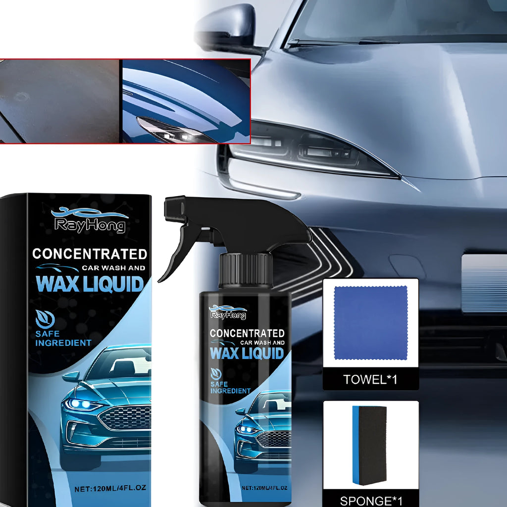Car wash decontamination kit with 120ml bottle, sponge, and cloth on a work surface