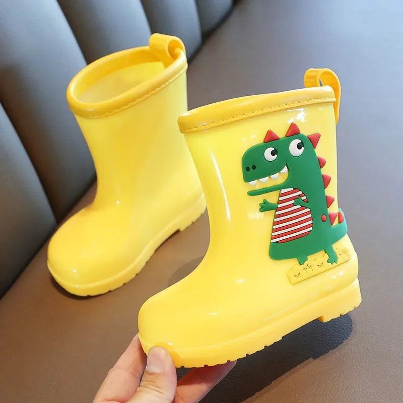 Children's non-slip low-top rain boots with cartoon dinosaur design in pink, yellow, and blue, PVC material, inner length 14-20cm