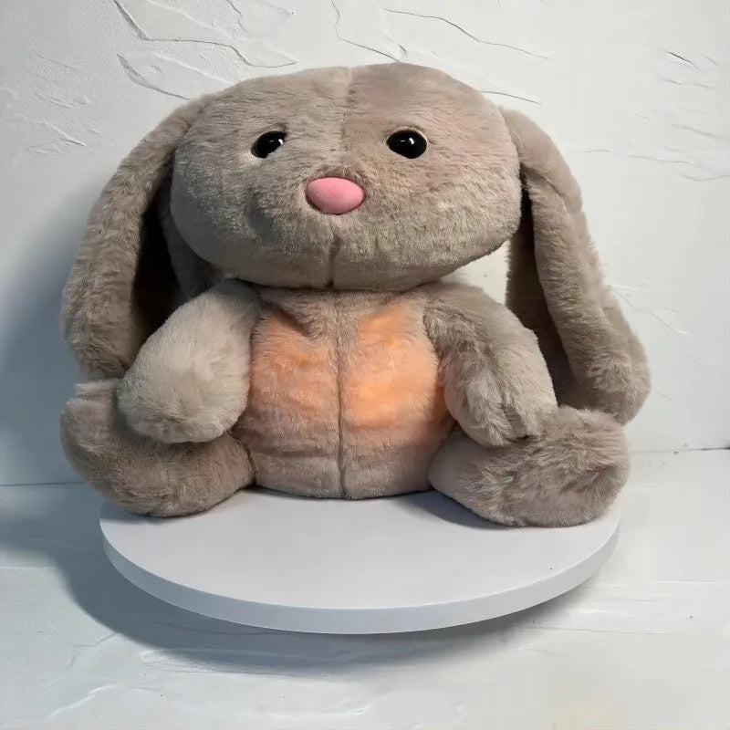 Breathing rabbit plush toy with moving belly and calming features for baby sensory development