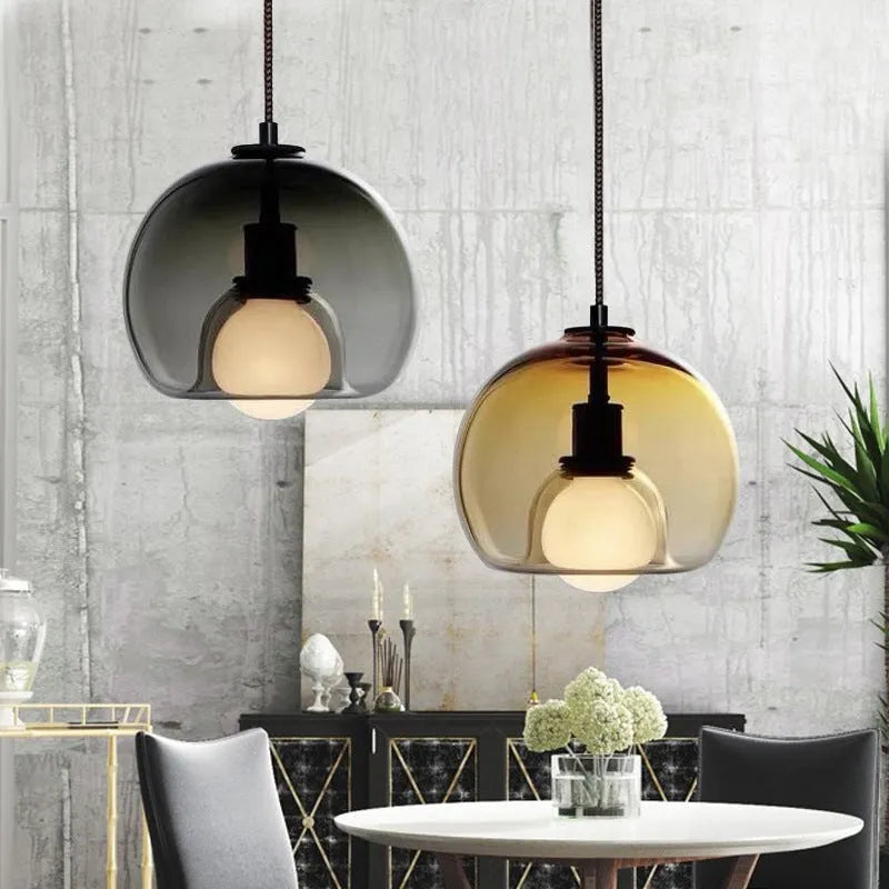 Modern minimalist glass chandelier with smoky gray shade and three-head long platter, suitable for dining room or bedroom