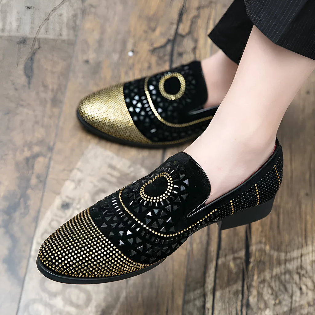 Men's black business casual PU leather shoes with round toe and sewing thread detail