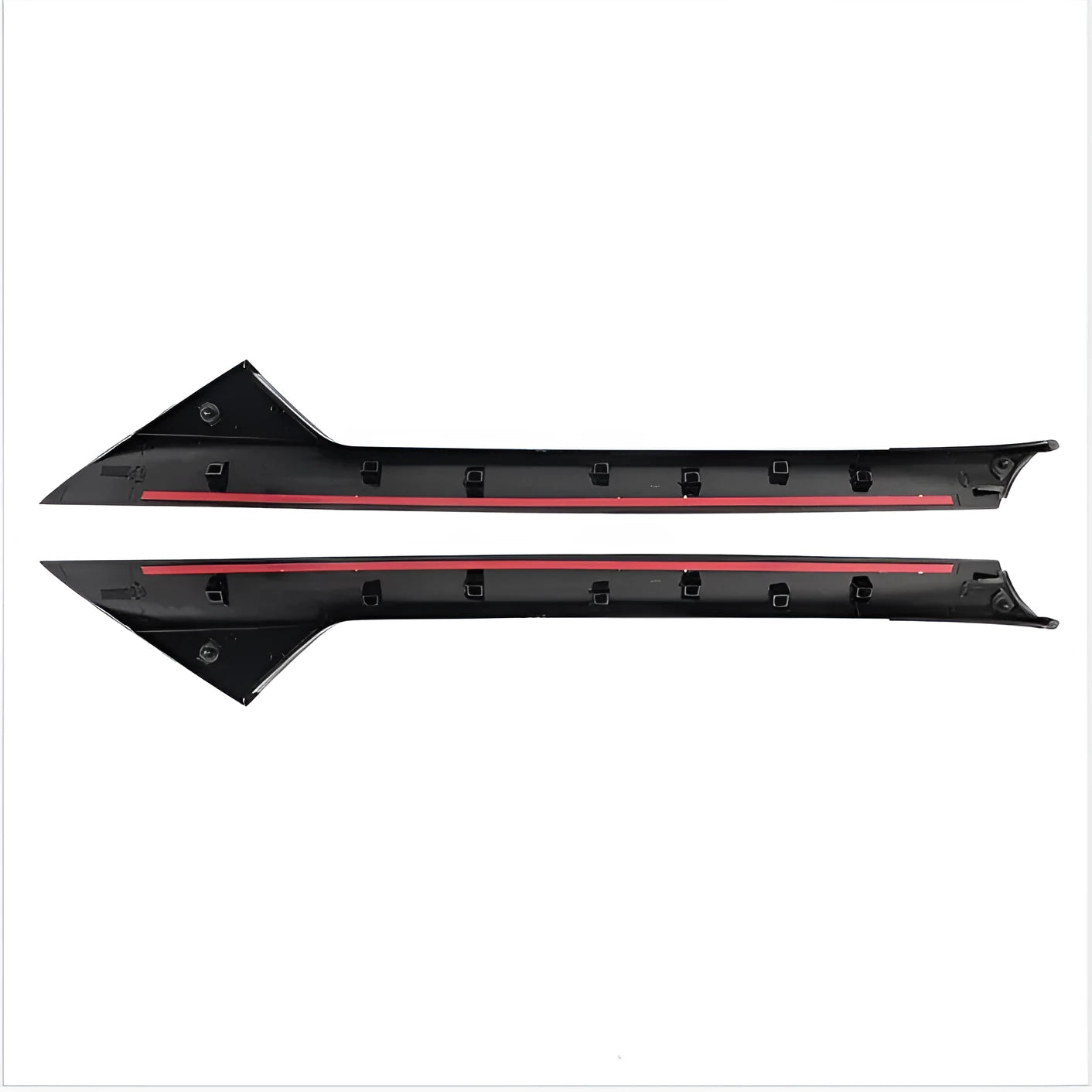 Black front windshield decorative trim panel for Ford vehicles, side view.