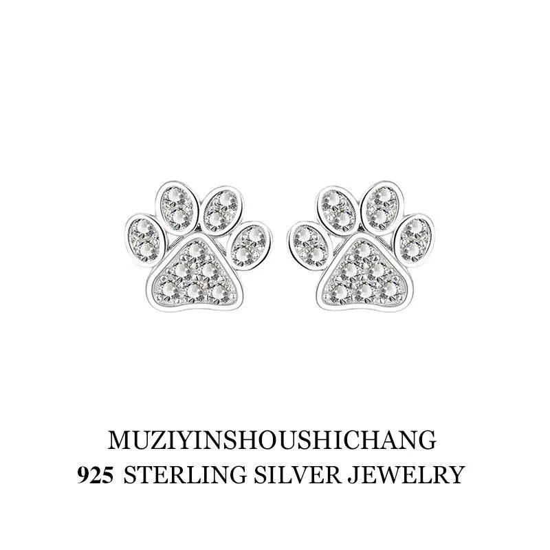 Pair of 925 sterling silver cat's paw stud earrings with full diamond zircon stone setting in silver