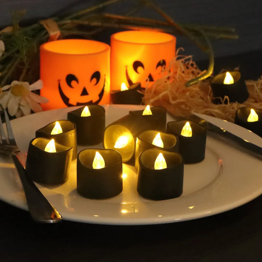 12 pack LED Christmas candles with black shell design and yellow flash style