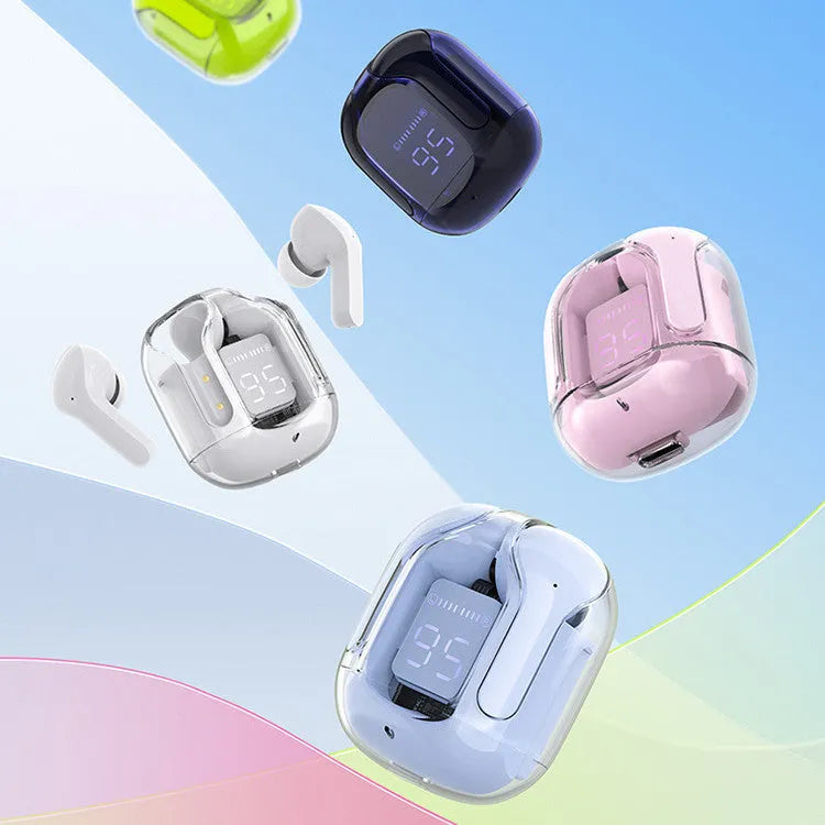 Mini wireless Bluetooth headset with LED display shown in green, next to its silicone case and USB-C charging cable.