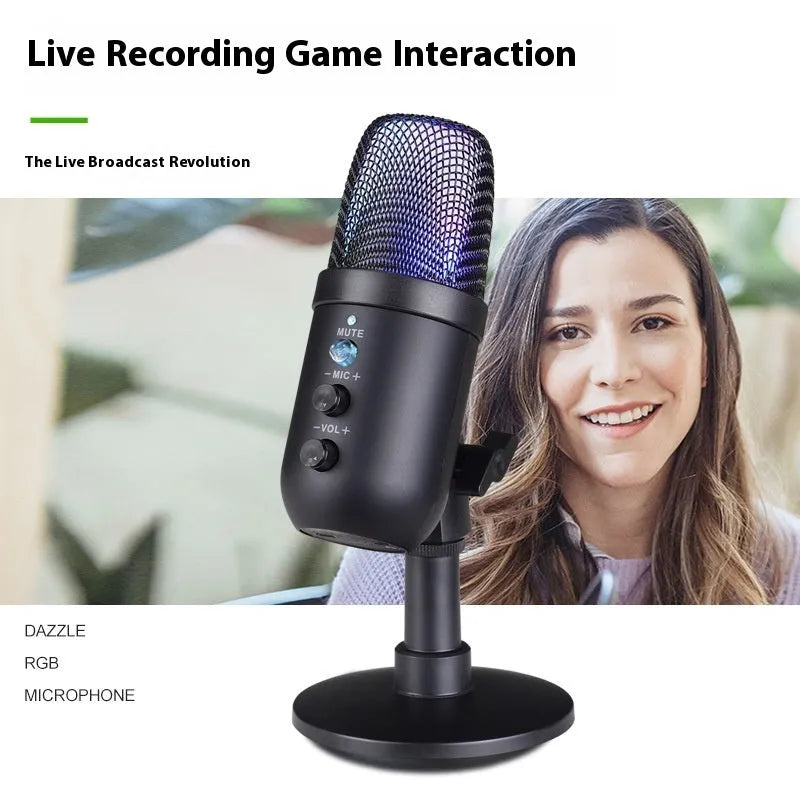 Black USB microphone with RGB lighting for computer streaming and mobile karaoke