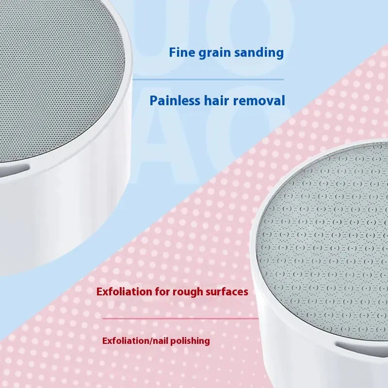 White nano glass 2-in-1 epilator and foot callus remover device on a blue background.