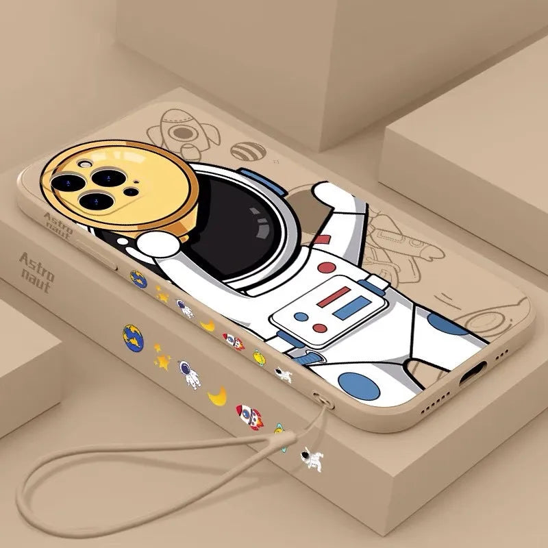 Cartoon astronaut and planet design silicone phone case for iPhone in black, khaki or sea blue.