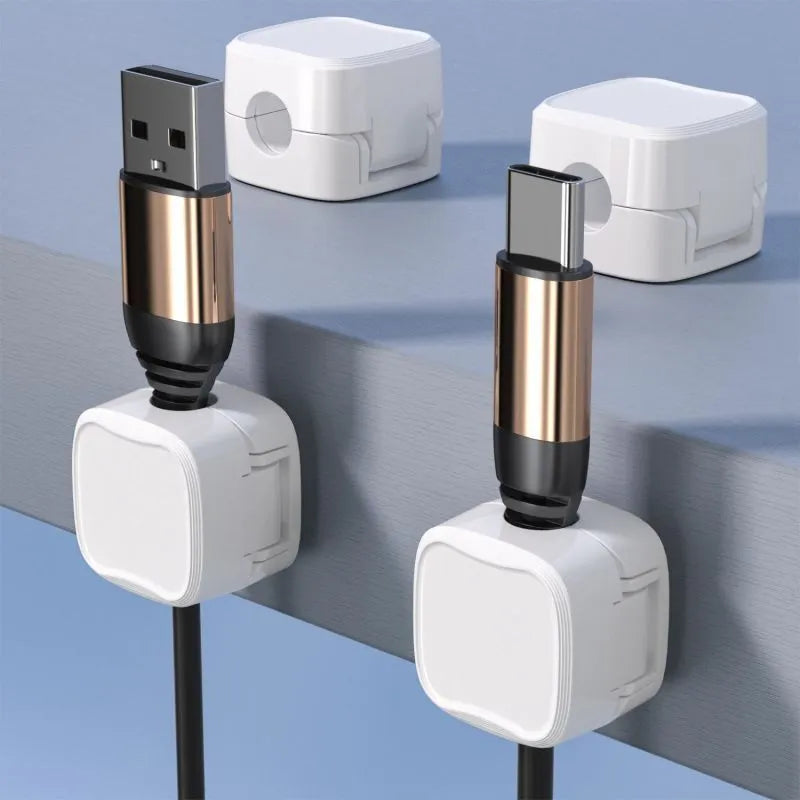 White and black magnetic cable clips for under desk cable management with 2kg capacity