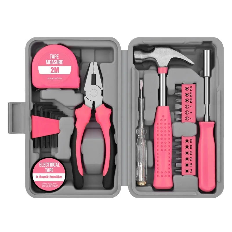 Multifunctional household maintenance toolbox set with carbon steel tools in pink or yellow for home decoration and property maintenance