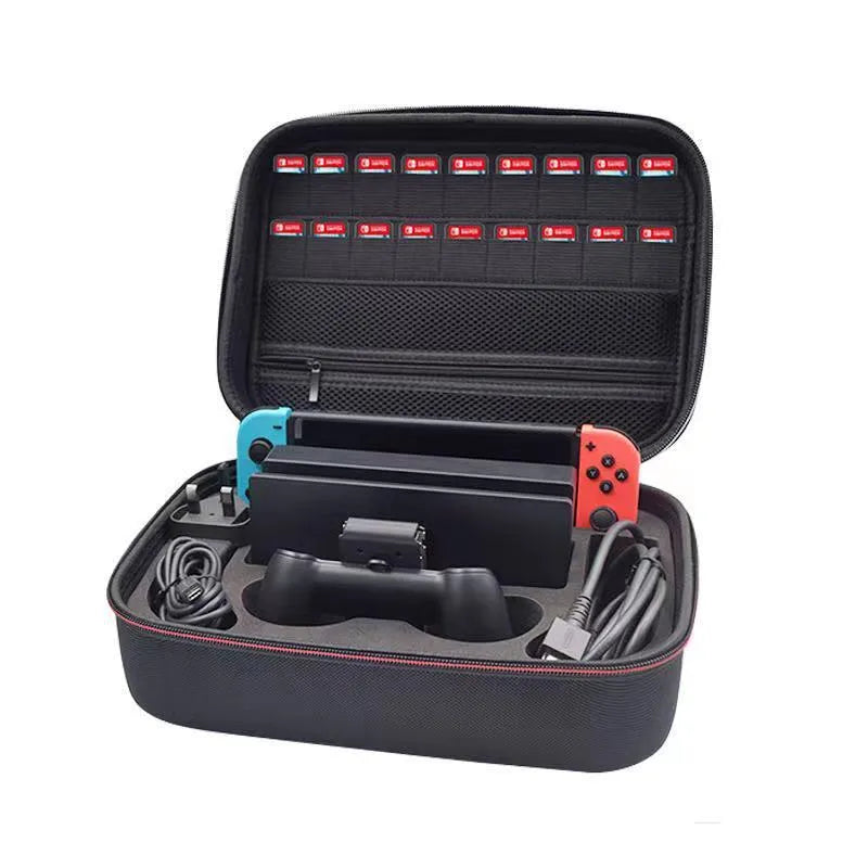 Black EVA hard shell game console storage bag with accessory compartments