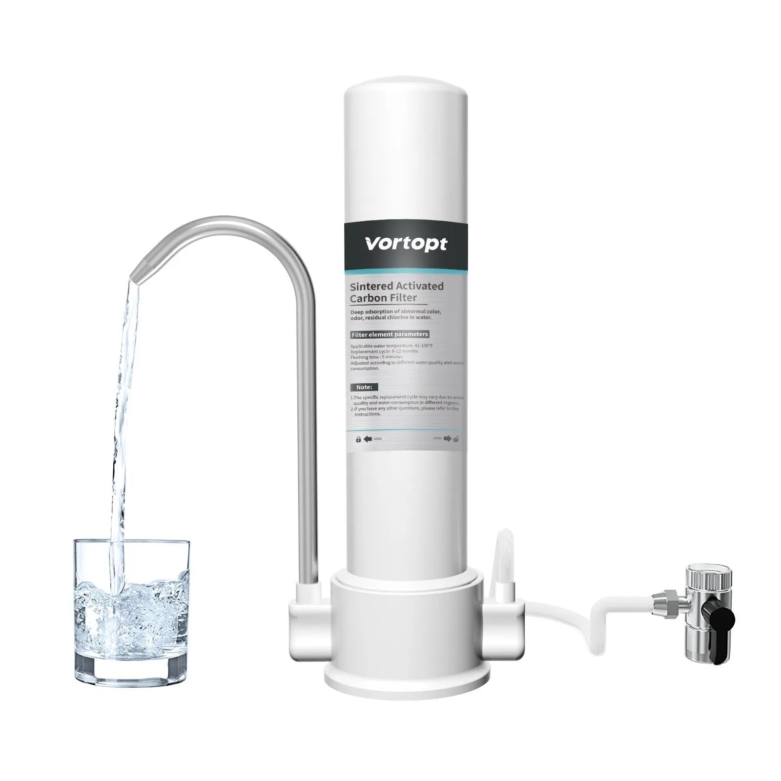 White countertop carbon rod water purifier connected to a household kitchen faucet with replaceable filter element.