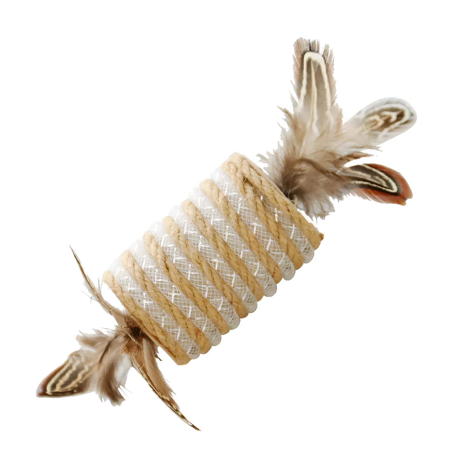 Beige cat toy with hemp rope texture, feathers, and a bell on a wooden roller for scratching and play.