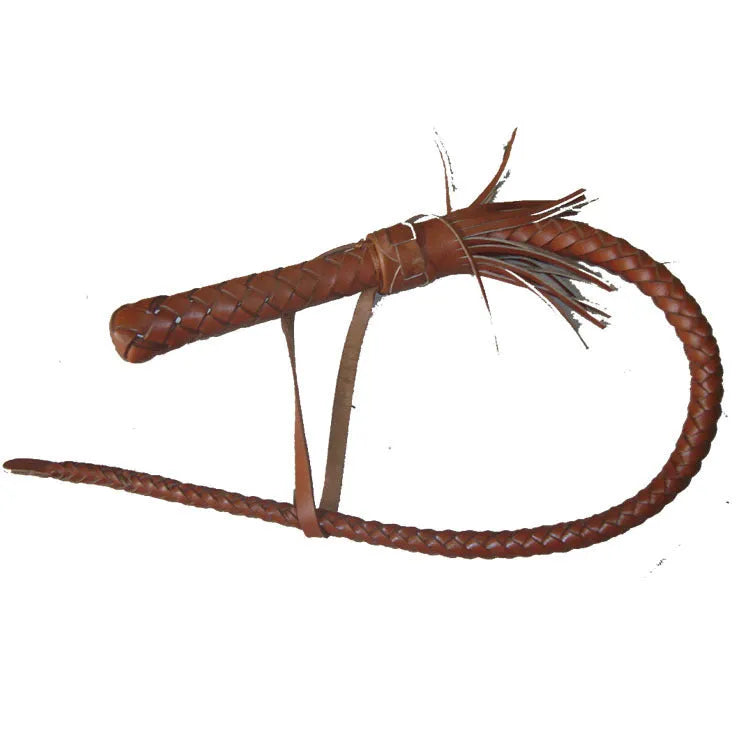 Brown cowhide woven horsewhip, 85cm long, leather equestrian and farm tool