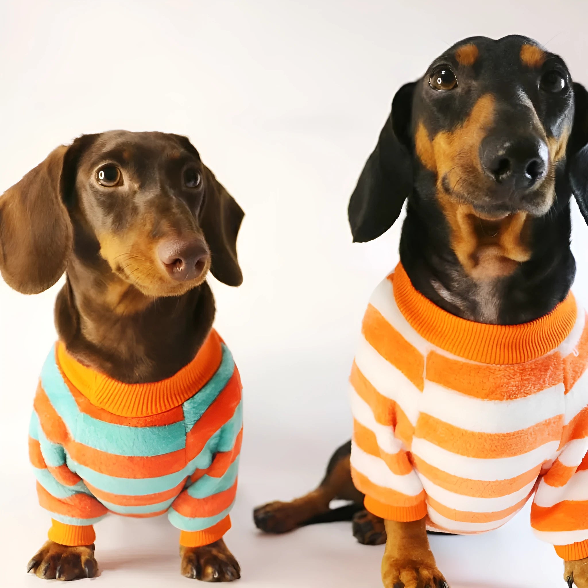 Orange red and white striped casual sweatshirt for a dog, featuring a round neck.