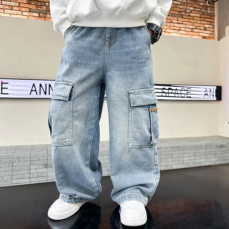 Boys' blue denim mid waist jeans cotton trousers for spring and autumn in multiple height sizes