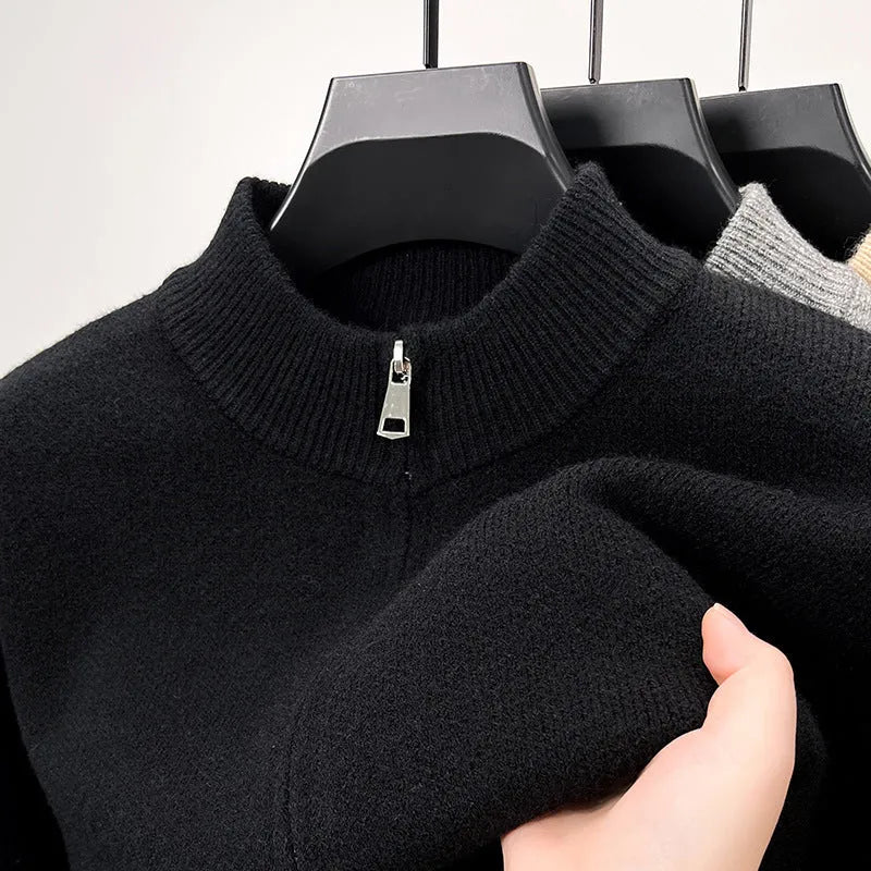 Men's black stand collar knitted cardigan with front zipper in loose fit