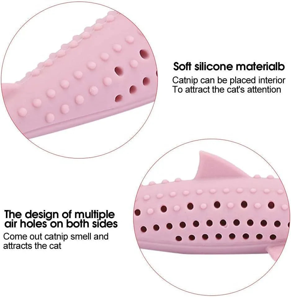 Green silicone fish-shaped cat chew toy with breathable side holes and catnip compartment, measuring 3.5x15.5cm