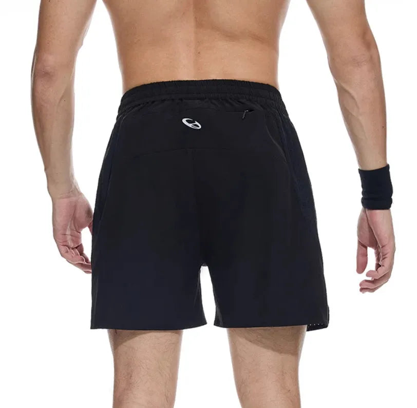 Men's black running shorts with four-point laser stitching detail on stretch fabric.
