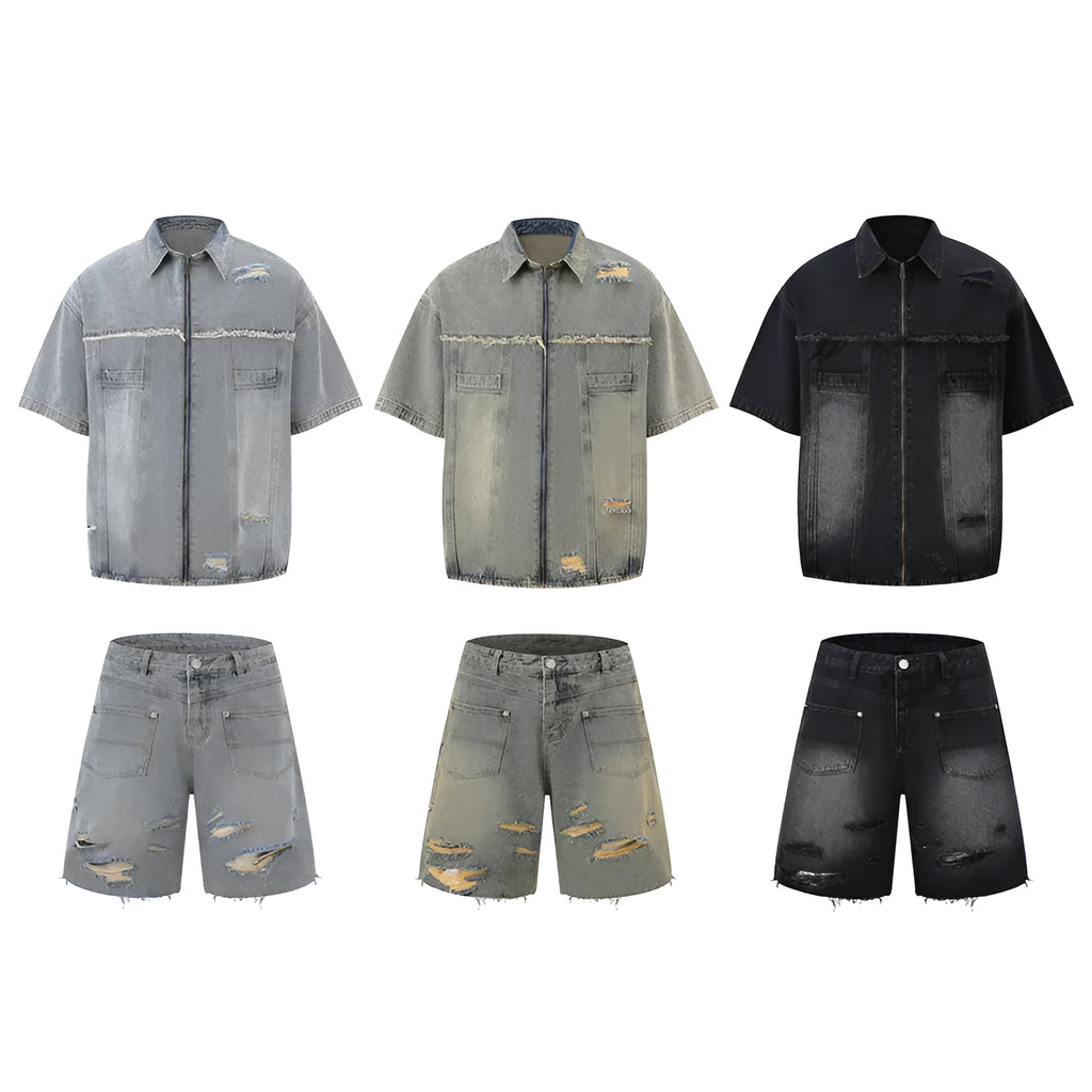 Denim street style overalls set with short sleeve top and matching trousers in loose fit design
