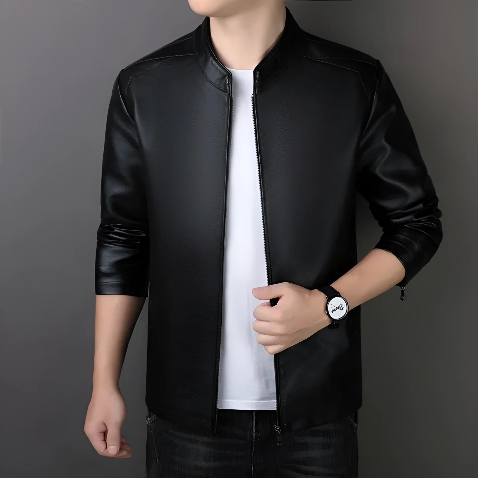 Men's PU leather jacket loose fit medium length 65cm black colour front view