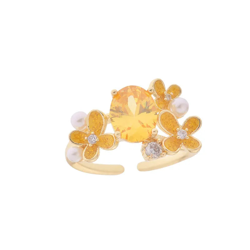 Women's flower pearl zircon open ring in yellow and light purple colours with adjustable metal design