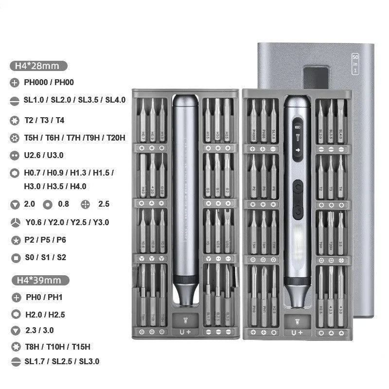 Aluminium-handle precision electric screwdriver with display showing 134.5mm length and included bit set.