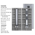 Aluminium-handle precision electric screwdriver with display showing 134.5mm length and included bit set.