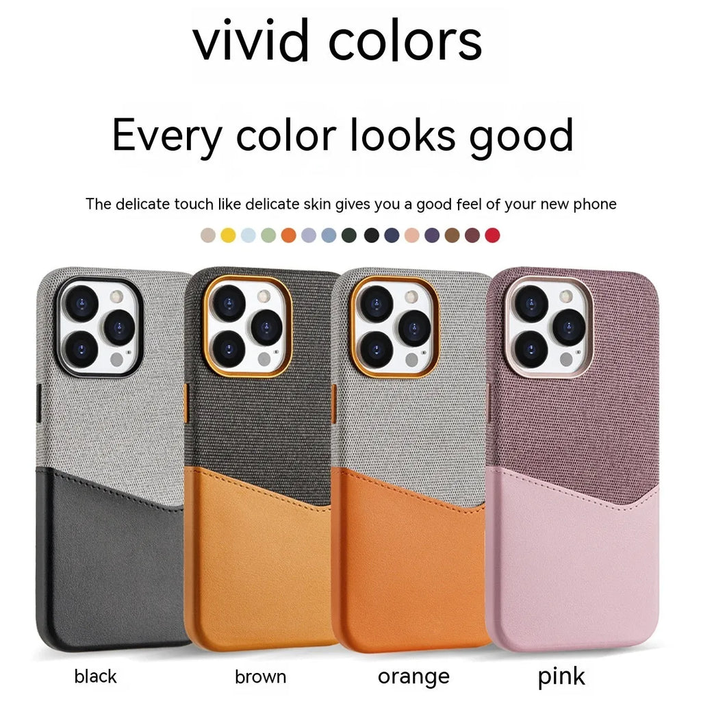 Black imitation leather magnetic card phone case with fabric finish for iPhone 12-15 Pro Max
