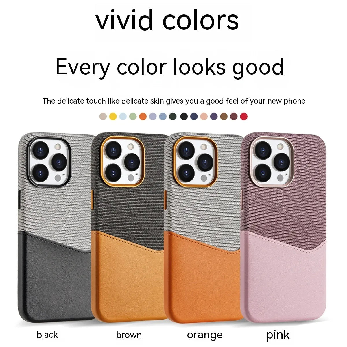 Black imitation leather magnetic card phone case with fabric finish for iPhone 12-15 Pro Max