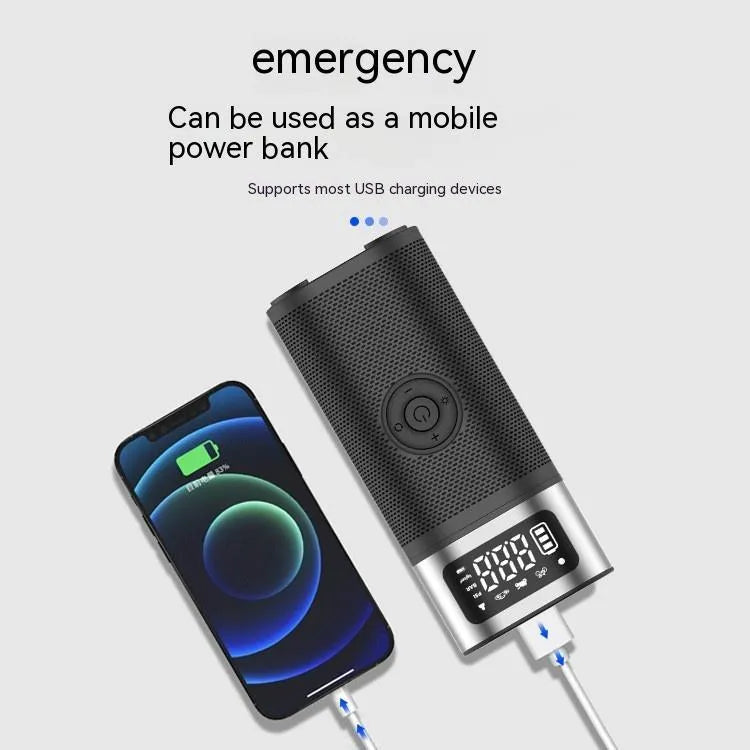 Black portable wireless air pump with LED light, 15cm tube, and accessory nozzles for car, bicycle, and ball inflation
