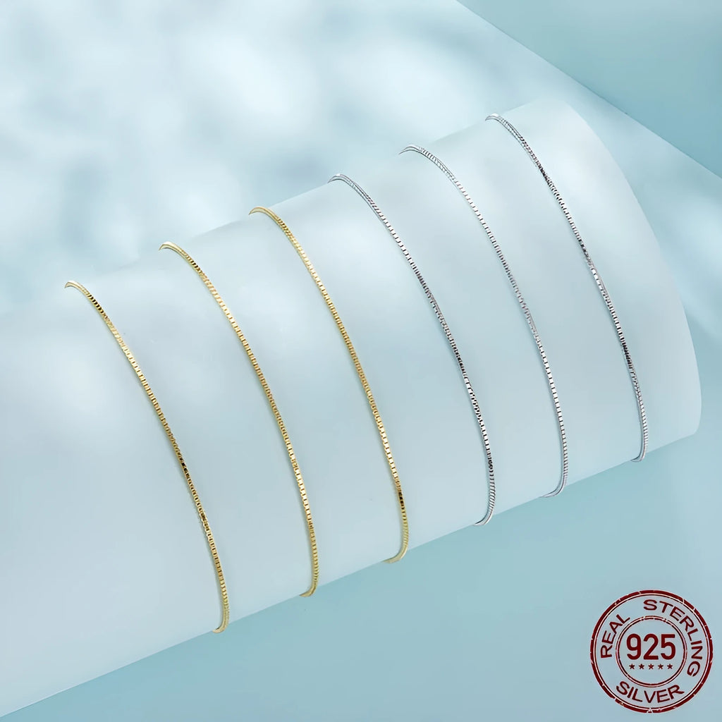 S925 sterling silver box chain necklace in gold or silver, shown in 40cm, 45cm and 50cm lengths