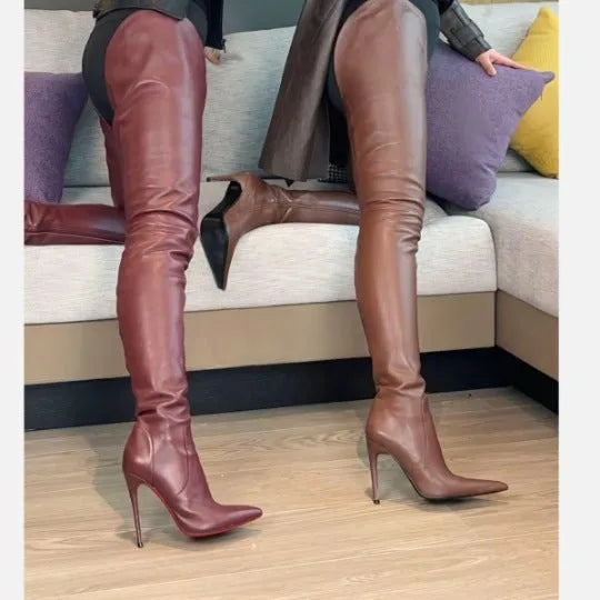 Women's over-the-knee stretch boots with stiletto heel, pointed toe, side zipper, dark brown synthetic PU upper