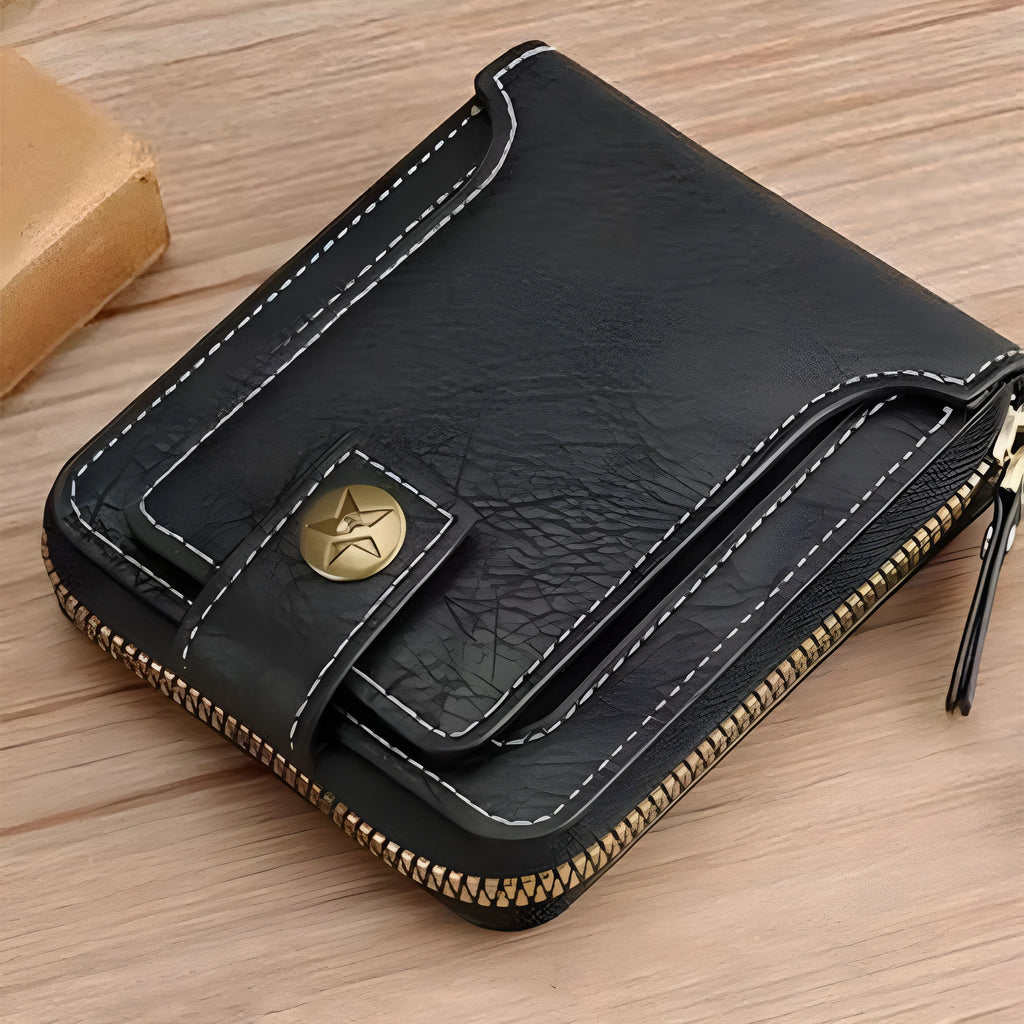 Men's short style two-fold bifold PU leather wallet in light brown, black, and dark brown colours