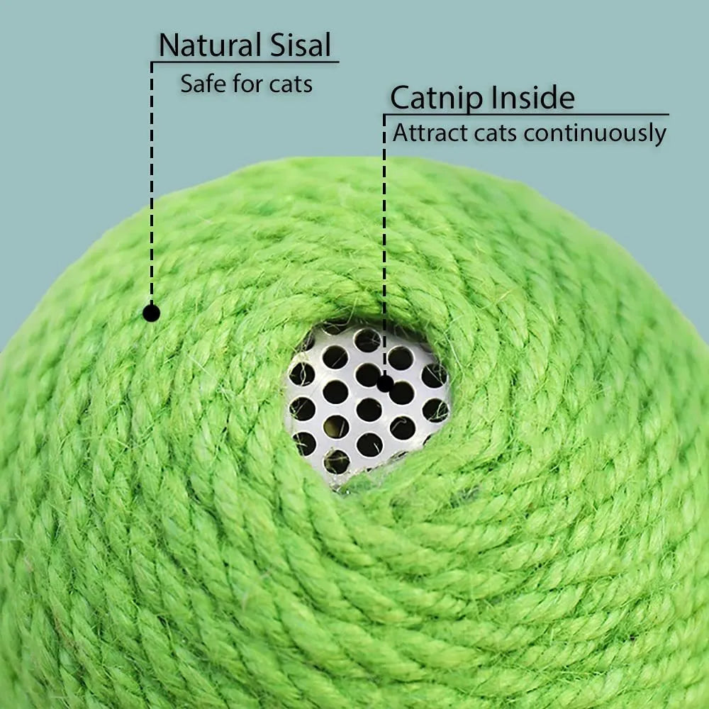 Green cactus-shaped cat scratcher with sisal fibres and attached tumbler ball for indoor play
