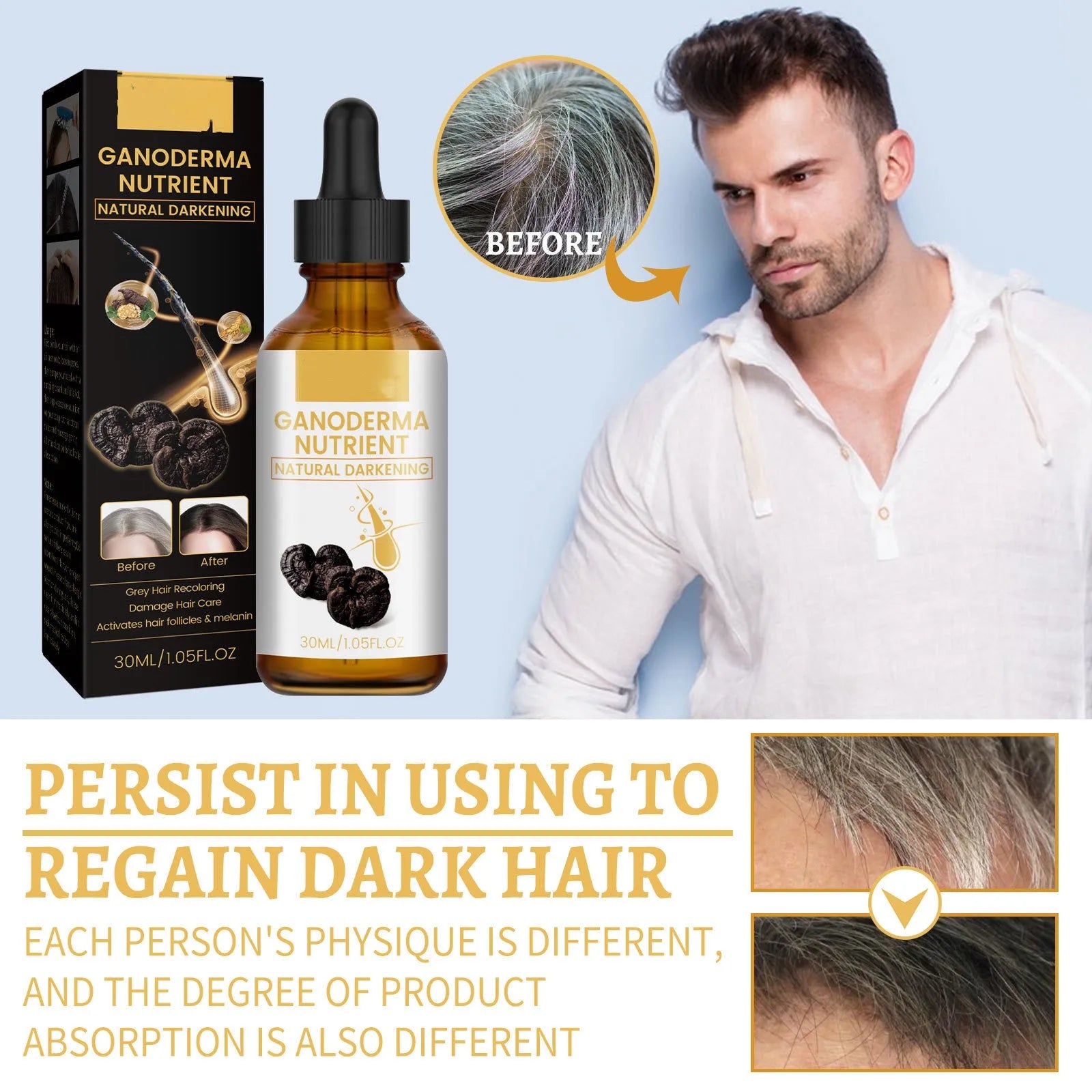 30ml Black Ganoderma hair lotion bottle for follicle activation and melanin support