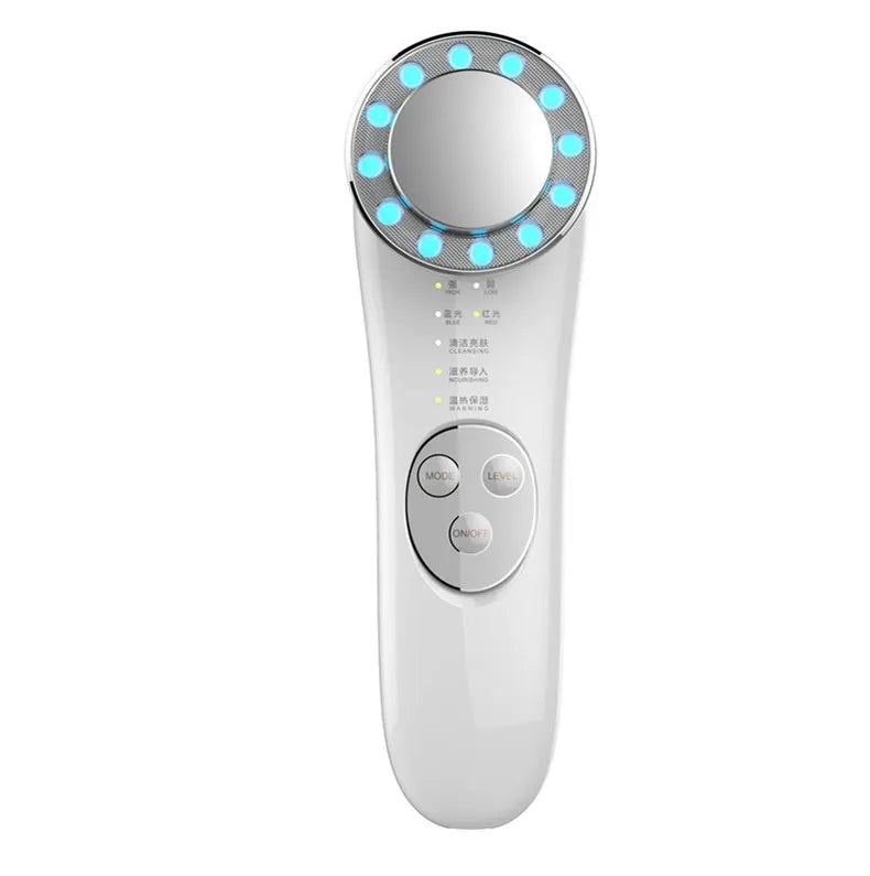 7 in 1 facial massager in platinum or silver with red blue light and EMS micro current, 45 x 55 x 151 mm