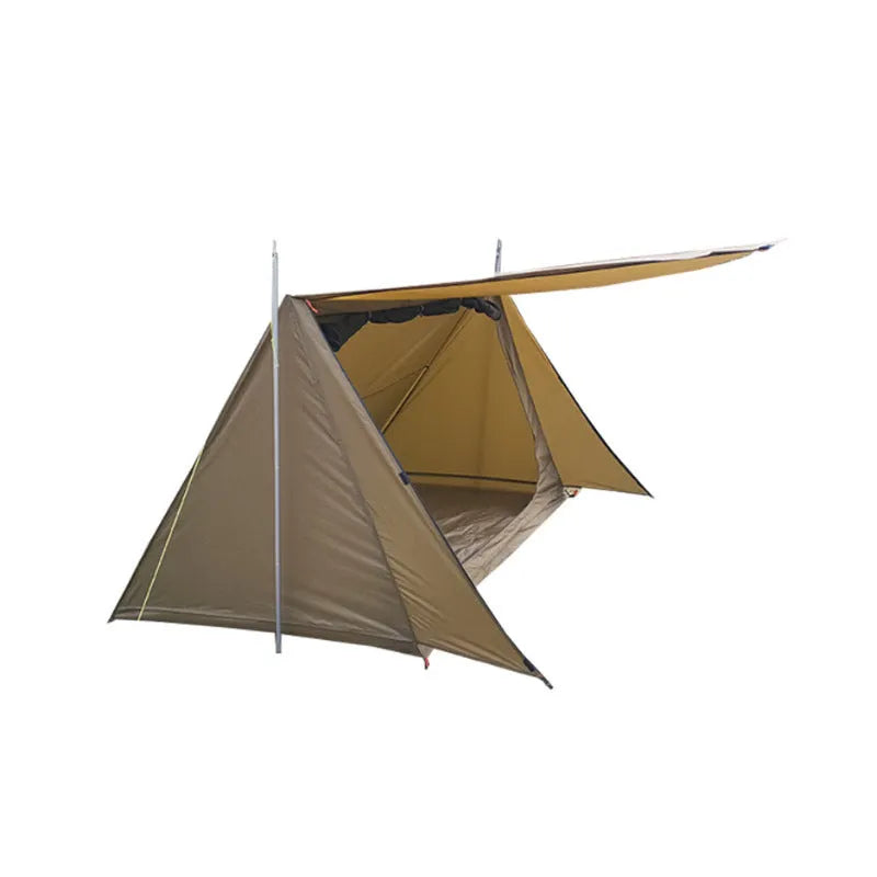 Brown single-layer shelter tent for two to three people with aluminium alloy rods set up on grass